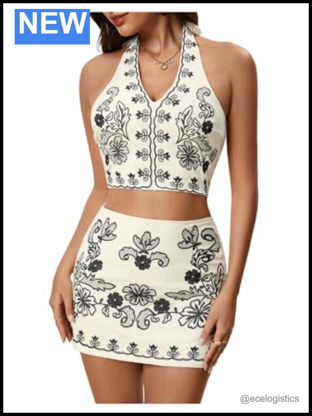 Women's 2 Piece Halter Skirt Set Floral Embroidery Boho Vacation Outfit